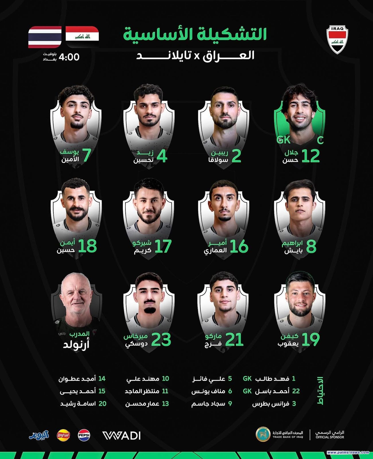 التشكيلة الأساسية لمنتخبنا الوطني في نهائي كأس ملك تايلاند.